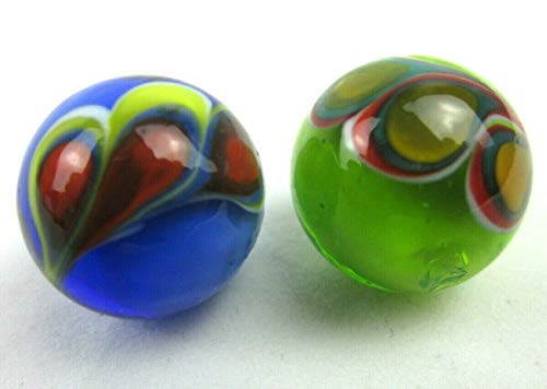 Big Game Toys~2 Peacock 16mm Handmade Art Glass Orange Blue Green Yellow Red Design Marbles Feather Swirl