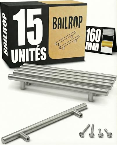 BAILROP Poignée de Meuble Cuisine Argenté 160MM - Poignée Argenté Meuble en Acier Inox - Poignet de Porte Cuisine et Armoire 15 UNITÉS