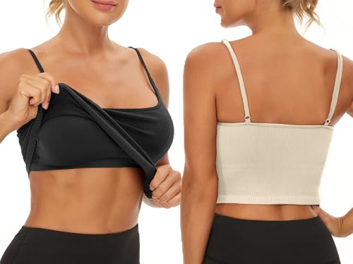 Image of Chilylori Seamless Sports Bra Cropped Tank Top with Adjustable Strap 2 Pack | Workout Tops Ribbed Sports Bra for Women Wireless Longline Crop Tank Padded Comfortable Brami