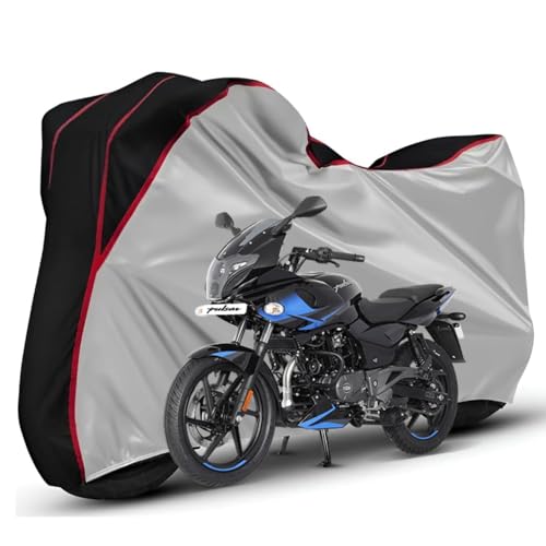 Image of Waterproof Bike Body Cover Compatible with Bajaj Pulsar 220f Dustproof Scratchproof - Motorcycle Cover for Two Wheeler, Outdoor Full Cover with UV, Duty, Rain Protection (Silver Top Black)