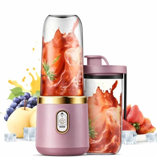 Image of Portable Blender Electric Juicer USB Rechargeable Fruit Mixers Mini Personal Smoothie Maker 6 Blades 3 Gears Ideal for smoothies, protein shakes, fresh juices, sauces -1500mAh Battery (PINK)