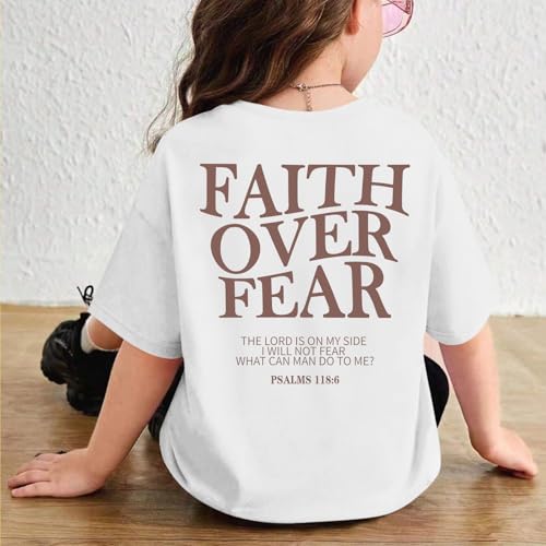 Image of Girls Faith Over Fear Christian Shirts for Kids Jesus God Bible Verse Religious Tshirt Cute Preppy Graphic Tees Tops