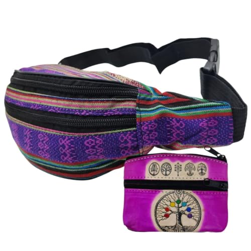 Imagen de Riñonera Hippie de Tela con Monedero de Piel Artesanal y Grabados de Símbolos Andinos Riñonera de Cadera Unisex para Viaje
