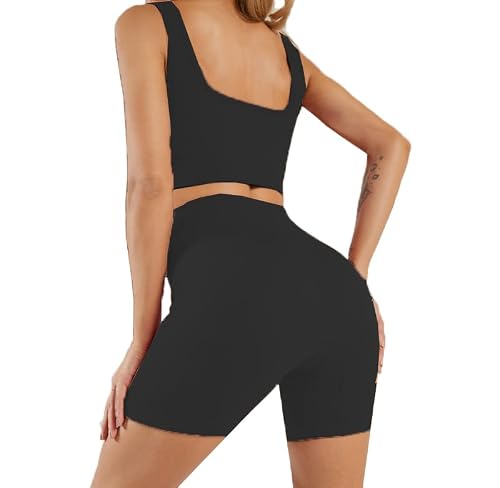 Basic Faith Sports Bras For Women Seamless Ribbed Crop Tops Two Piece Outfits Biker Shorts Work Out Gym Yoga Sets Athleisure Running Sweatsuit Black S #TOP3