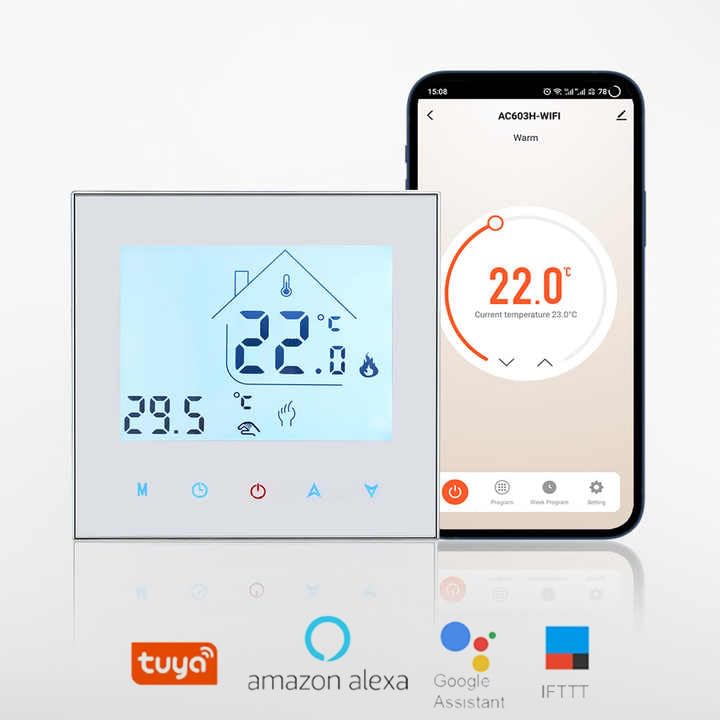 programmierbarer WLAN-Thermostat AC605, Temperaturregler, Fernbedienung für elektrische Fußbodeneizung. Alexa, Google-Assistent, SmartHome, Tuya APP kompatibel. 16A