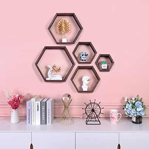 Phoenancee Hexagon Floating Shelves,Wall Mounted Wood Farmhouse Storage Honeycomb Wall Shelf Set Of 5,For Bathroom, Kitchen, Bedroom, Living Room,Office,Driftwood Finish (Dark Walnut) #TOP1