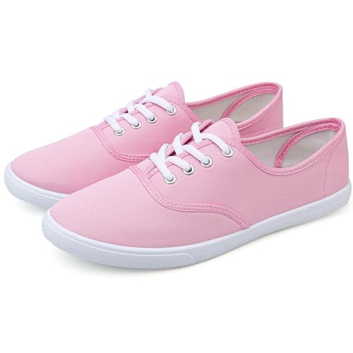 Image of Womens White Canvas Sneakers Lightweight Lace Up Fashion Comfortable Canvas Shoes Low Top Slip On Casual Tennis Walking Shoes Women Footwear