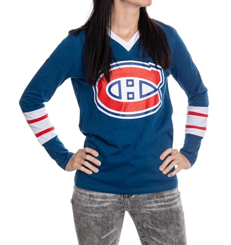 Calhoun NHL Women's V-Neck Varsity Long Sleeve Shirt (Montreal Canadiens, Large)