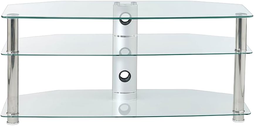 Clear Glass TV Stand 1150mm Wide 3 Shelf for Up To 55 inch TV's With Chrome Silver Legs, by MMT