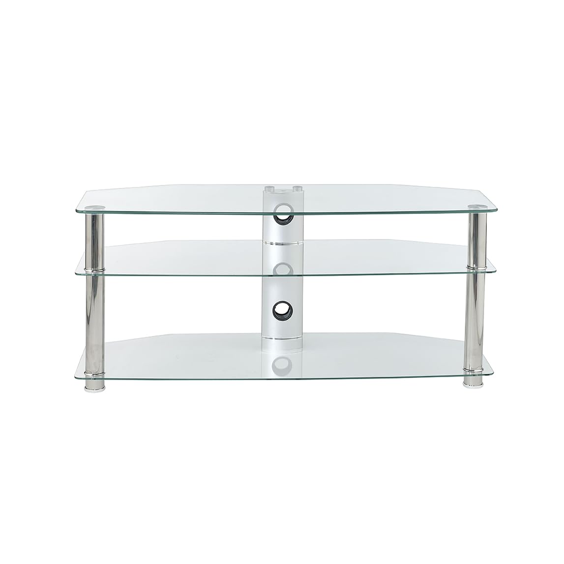 Clear Glass TV Stand 1150mm Wide 3 Shelf for Up To 55 inch TV's With Chrome Silver Legs, by MMT