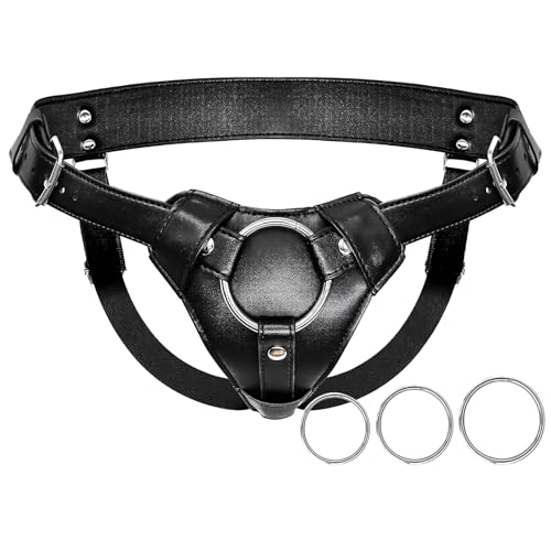 Verstellbarer Strap on Umschnallpenis Bondage Leder Harness Sex Spielzeug für Frauen und Männer Pegging Dildo Leder Gürtel mit 3 Größe Metall O-Ringe für Lesben Schwuler Paare Vaginal Anal Spielen