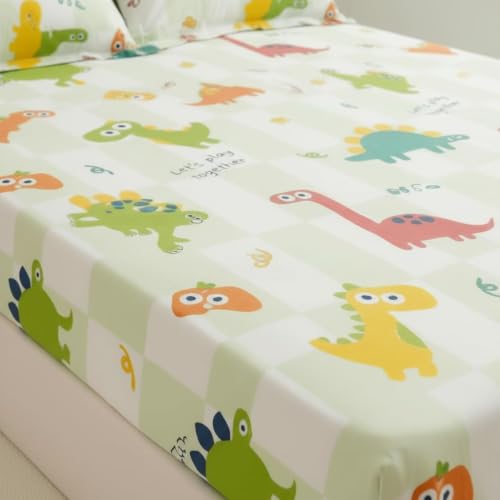 Image of Filymore Elastic Fitted Dinosaur Single Bedsheet with 1 Pillow Cover | 240 TC Soft Microfiber Bedspread | Fitted Bedcover for Mattress Size 72 inch x 36 inch Inchs | Green & White