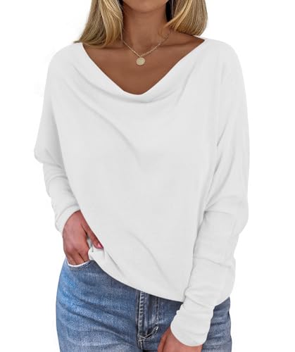 Okiwam Women's Fall Tops Long Batwing Sleeve Shirts Boat Neck Off The Shoulder Loose Tunic Blouses 2025 Fashion Clothes