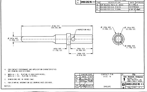 Deutsch Solid Pin Contact Size 16, Gold 0460-202-1631 (Pack of 100)