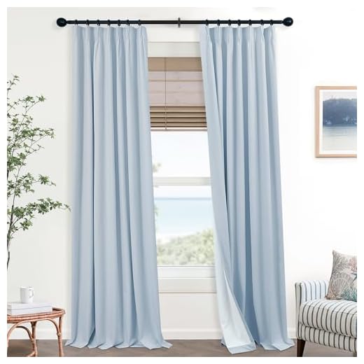 Mrs.Naturall Pinch Pleated Linen Blackout Curtains 96 Inches Long Light Blue