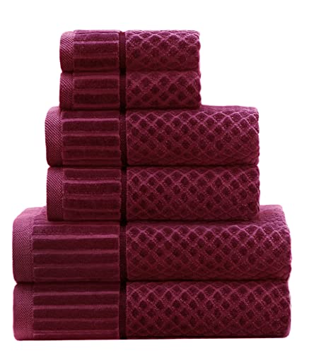 Cotton Craft 6 Piece Towel Set - 100% Cotton Cloud Soft Sculpted Jacquard Velour Decorative Guest Towel - Luxurious Absorbent Bathroom Towel Gift - 2 Bath Towels, 2 Hand Towels, 2 Washcloth - Burgundy #TOP12