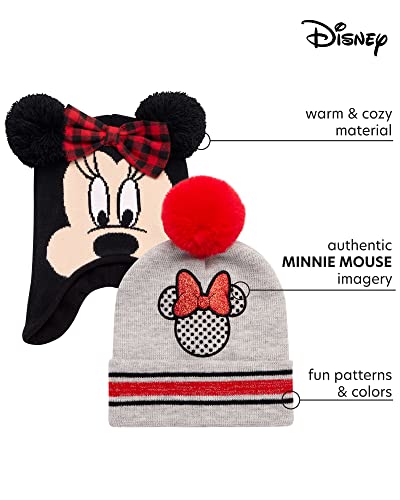 Disney Minnie Mouse 2-Piece Beanie Hat Set, Girls Acrylic Knitted Winter Caps with Pom and Earflaps for Kids2
