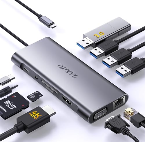 OPXYL 11-in-1 USB C Hub Multiport Adapter, USB C Docking Station with 4K HDMI, VGA 1080P, 100W PD, Ethernet, SD/TF, Audio, USB 3.0 Port, Laptop Dock for MacBook Pro/Air, iPad, Windows