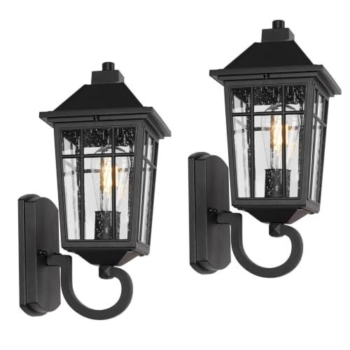 Image of JYZ 2PK 15 inch Outdoor Porch Light Wall Mount, Exterior Wall Lighting Fixtures with Seeded Glass Shade, Anti-Rust Matte Black Outdoor Wall Sconce, E26 Base Outside Lantern for Front Door, Patio, Garage