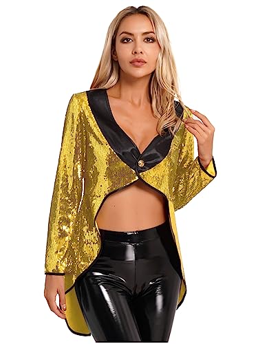 Women's Shiny Sequins Steampunk Tail Coat Ringmaster Circus Show Blazer Jacket Outfits