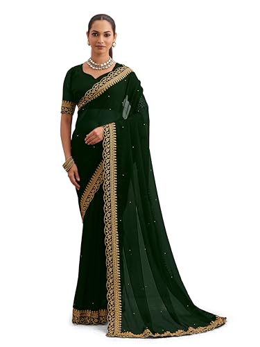 Image of Women's Georgette Embroidery Border Beads work Saree with Blouse Piece