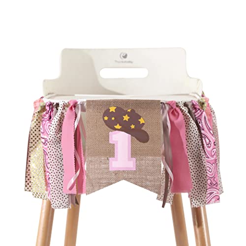 Image of Cowgirl 1st Birthday High Chair Banner - Farm Birthday Banner,Cow Themed Birthday Party Supplies for Photo Booth Props, Cake Smash Banner, Rodeo Banner (PINK COWGIRL HF)