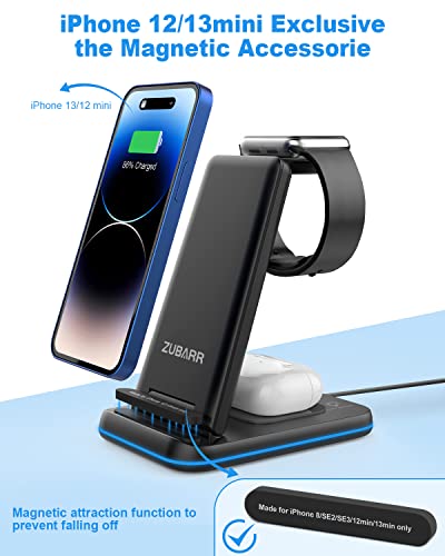 ZUBARR Foldable Wireless Charger for Multiple Devices 3 in 1 Wireless Charging Station for Travel, Compatible with iPhone 17 16e 16 15 14 13 12 11, Charging Pad for iWatch Series & Airpods 4 3 2 Pro
