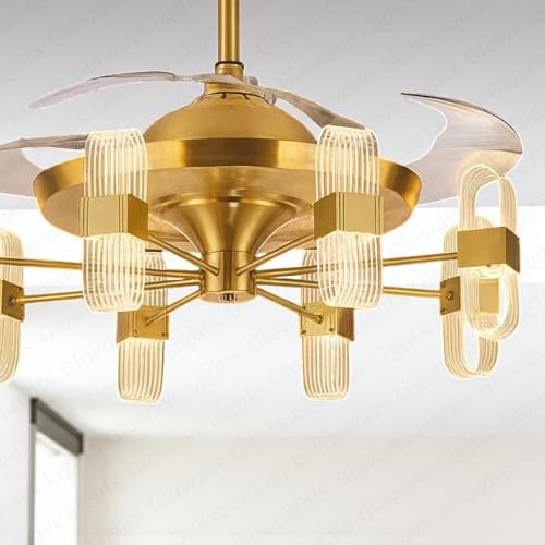 Image of Glowave Golden 42 inch 6 Light Transparent Acrylic Fan with 4 Invisible Retractable ABS Fan Blades Ceiling Fan Light with Remote Control - Tricolour |White, Warm White, Natural White| (7723)