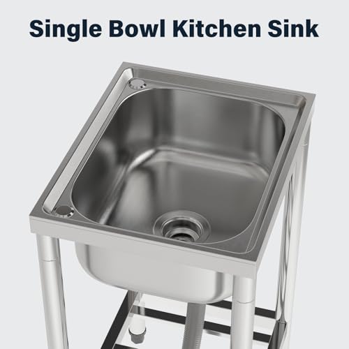 DKIEI Stainless Steel Restaurant Kitchen Sink, Commercial Restaurant Sink with Drain & Storage Shelf, Catering Sink with Tap Hole, Free Standing Outdoor Sink for Kitchen 50x40x80cm(No Tap) - Image 6