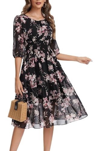 Image of Kormei Women Casual Boho Floral Round Neck 3 /4 Sleeve Smocked Waist Tiered A Line Flowy Swing Midi Dress Long Dresses