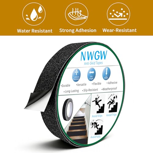 Image of Black Anti-Slip Stair Treads Tape,1 inch x35FT Heavy Duty PVC Non-Skid Grip Tape for Wooden Steps, Indoor /Outdoor Stairs, Pool Decks - Peel & Stick Waterproof Safety Traction