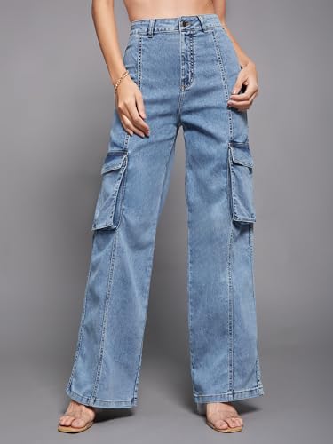 Image of Miss Chase Women's Wide-Leg High-Rise Regular-Length Stretchable Patch-Pocketed Denim Jeans (MCSS24DEN79-02-402-34, Electric Blue, 34)