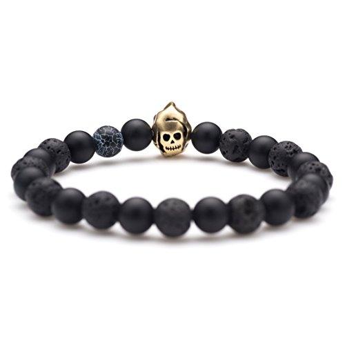 Karseer Death Skull Charm with Black Matte Onyx and Lava Stone 8mm Beads Stretch Bracelet, Lava Rock Aromatherapy Essential Oil Diffuser Bracelet for Stress Relief2