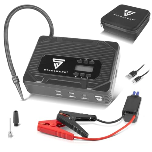 STAHLWERK Powerbank 400A 14.000mAh - Arrancador con compresor y luz LED, multifunción, para motores de gasolina y diésel, compresor de aire comprimido portátil de 3,5 bar, cargador USB