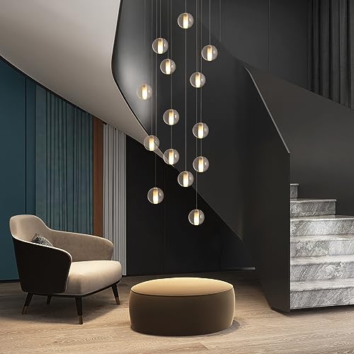 GINSENGLUX 14 Lights Staircase Chandelier for High Ceiling, Dimmable Modern Crystal Raindrop Large Long Hanging Pendant Light for Stairwell Living Room Stair Foyer, Bulbs Included (Gold Canopy)