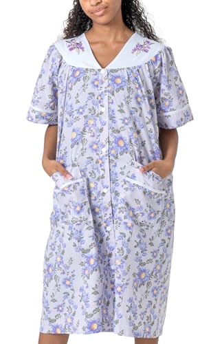 Women's Short Sleeve Woven Snap-Front Closure Floral Embroidery Housecoat Duster Lounge Nightgown Robe with Front Pockets