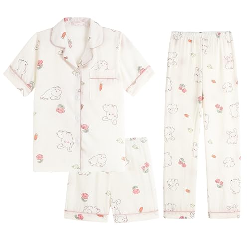 Hupohoi Big Girls Button Down Pajama Set 3pcs Short Sleeve Long Pants with Shorts Crepe Wrinkled Fabric Sleepwear Cute Patterns Nighty Rabbit 10