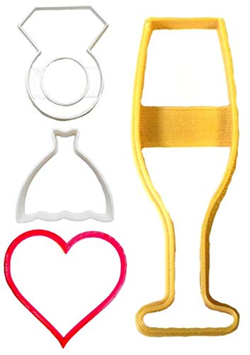 BRIDAL SHOWER ENGAGEMENT WEDDING PARTY CELEBRATION DIAMOND RING CHAMPAGNE DRESS HEART SET OF 4 COOKIE CUTTERS 3D PRINTED MADE IN USA PR1166