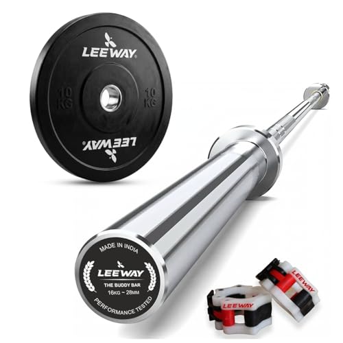 Image of Leeway Olympic Barbell with Bumper Weight Plates | 20 Kg Rubber Weight Plate Set (10 Kg x 2) and 7.2 Ft Chrome Buddy Bar | Olympic Weightlifting Gym Plates for Home and Commercial Gym (20kg Set (10X2))