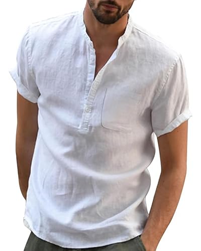 JESDM Chemise Lin Homme Manches Court Chemises Blanc pour Hommes Chemisette Col Mao Homme Casual Shirt Blanc XL