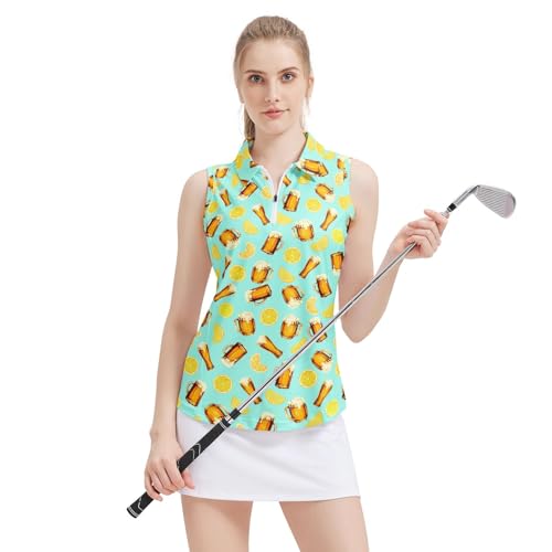 Women's Sleeveless Golf Top Beer Lemon Tennis Polo Shirts Zip Up Golf Workout Tank Tops Quick Dry Athletic Polo Shirts