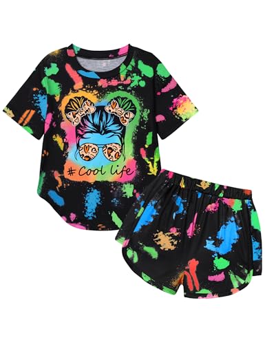 KANGKANG Girl Clothes Size 6 Size 7 Black Tie Dye Short Sleeve T shirt + Shorts 2 Piece Set Girls Clothing Sets Girls Summer Outfits School Girl Outfit