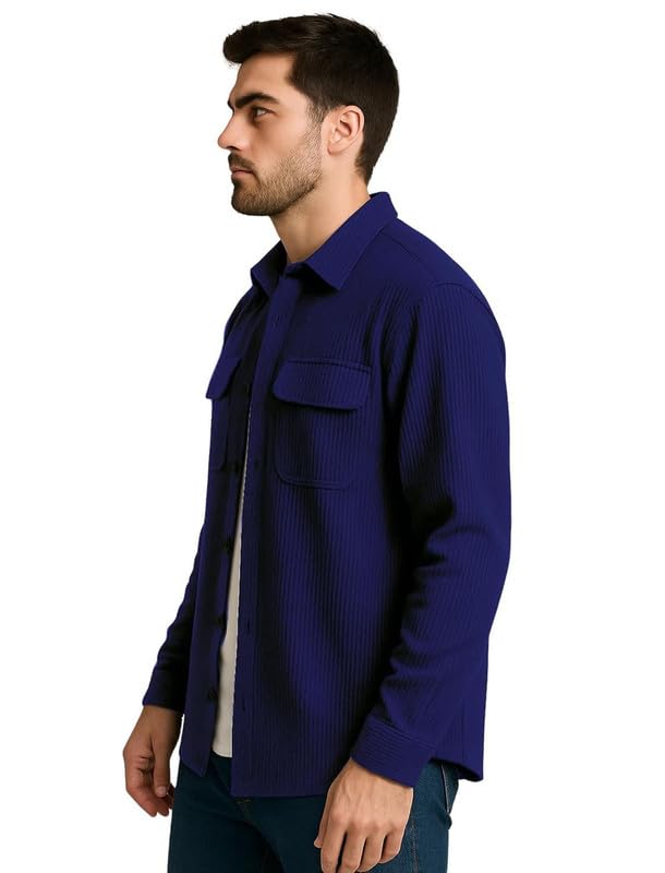 Image of DEELMO Men's Full Sleeve Corduroy Shirt | Stylish Textured Casual Button-Down Shacket for Autumn Winter | Dual Pocket Front Design | Ideal for Layering and Daily Outfits
