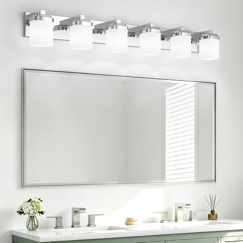 Image of 45 Inches Bathroom Vanity Light, 6-Light Chrome Bathroom Light Fixtures Over Mirror, Bathroom Light Shower Lamp with Milky White Square Glass Shade, Modern Farmhouse Lighting Fixtures