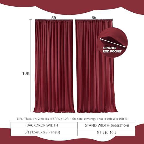 Image of 2 Panels Maroon Backdrop Curtain, 10 x 10 Feet Polyester Background Curtains for Parties, Weddings, Baby Showers, Halloween, Christmas, Birthday Party Photoshoot Backdrop Curtains Decorations