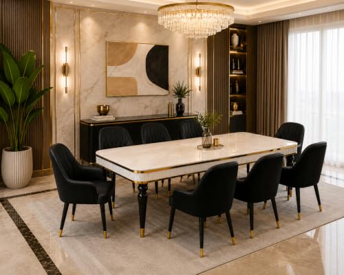 Image of 8 Seater Dining Table Set with Nano Composite Marble Top, Solid Wood Base & 8 Upholstered Chairs, Modern Dining Table Set for Home & Dining Room Furniture