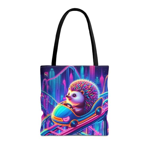 Premium Tote Bag with Reinforced Stitching - Vivid Hedgehog on Neon Rollercoaster in Glowing City