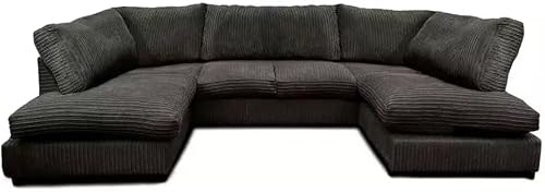 Image of Jumbo Cord U Shaped Sofas - Washable Fabric Corner Sofa Grey - Comfortable 3 and 2 Seater Scatter Back - Large U Shape Bishop Modular Settee - Sofa Bed for Living Room Lounge (Black, Highback)