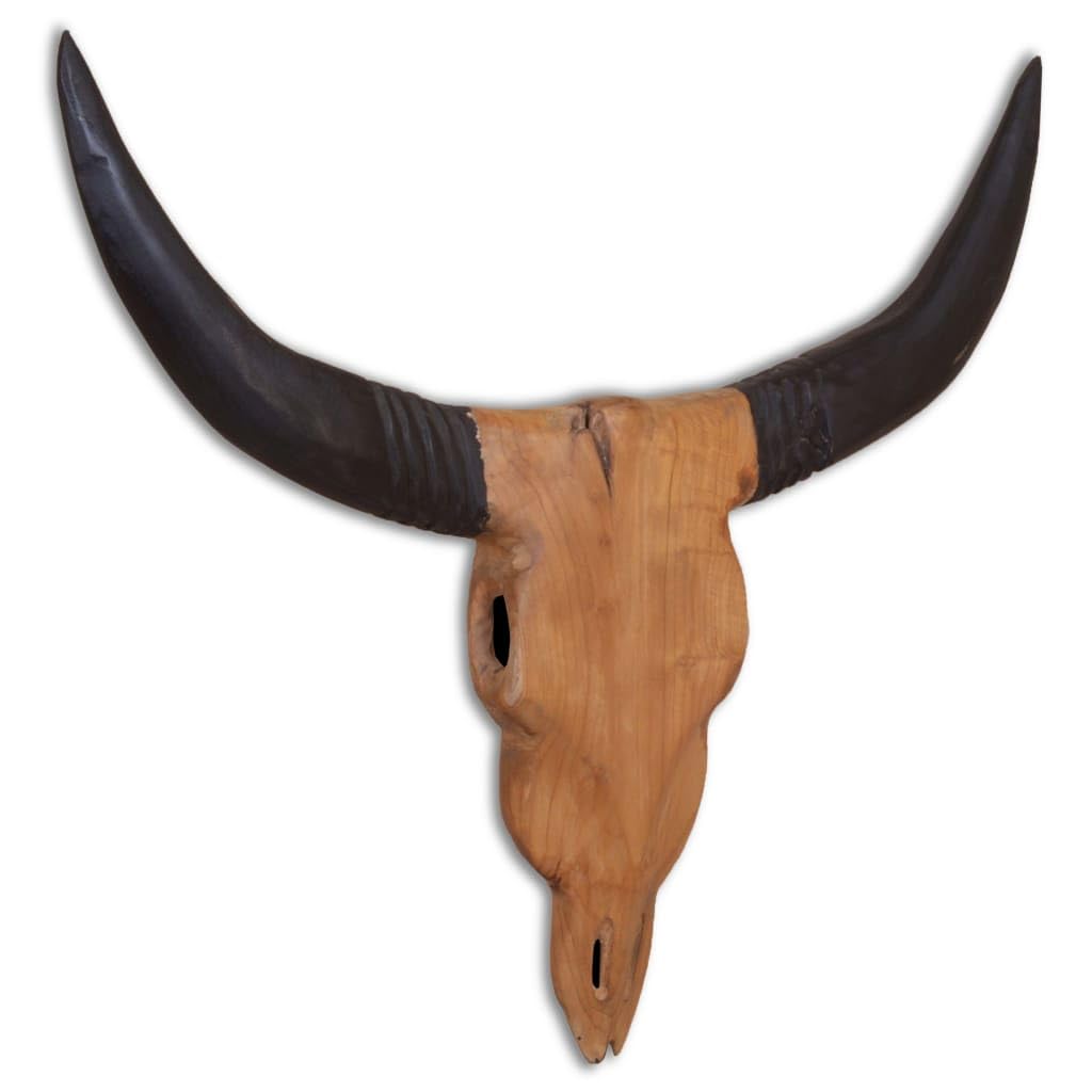 Wandmontierte Stierkopf Skulptur aus Teak, handgefertigte Figur für Wohnzimmer, Deko für Regal, Kaminsims, Fensterbank, Eingang, Terrasse und Balkon, 69 x 6 x 60 cm
