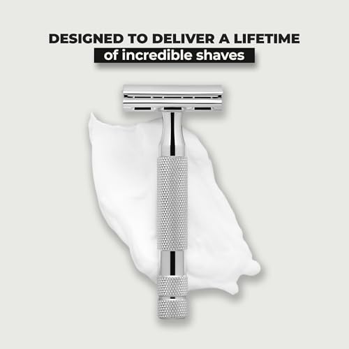 ROCKWELL RAZORS 2C White Chrome Double Edge Safety Razor With Adjustable Shave Settings and 5 Fully Recyclable Razor Blades. Reusable Safety Razors for Men and Women.